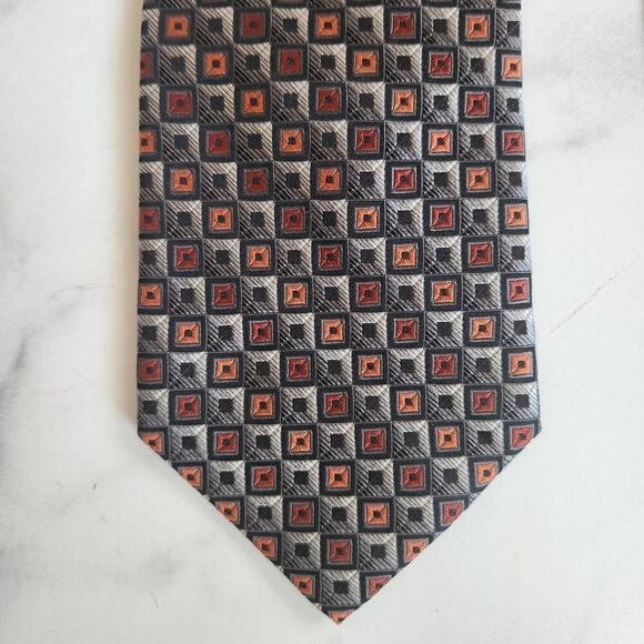 Burma Bibas 100% silk retro 90s tie geometric cube cell square black grey red si - Picture 1 of 5